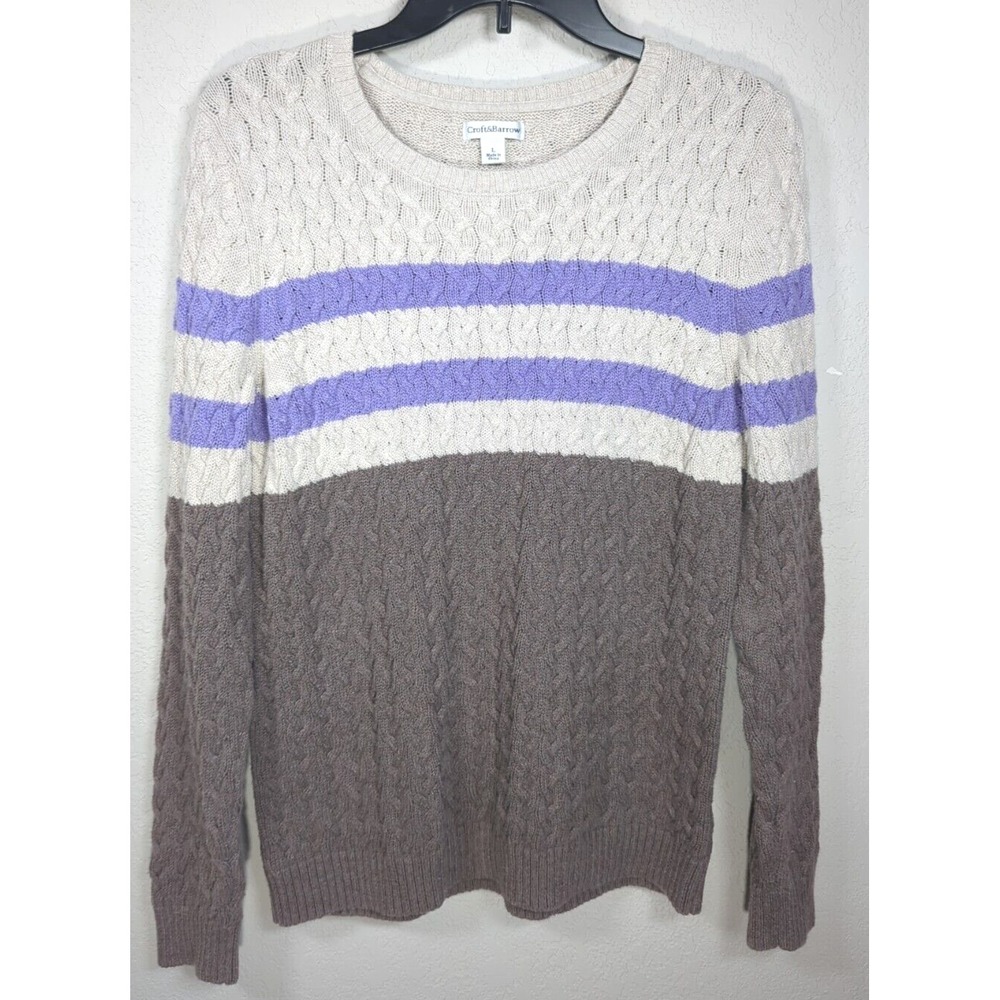 Croft & Barrow Purple Beige Crew Neck Cable Knit Long Sleeve Sweater‎ Size Large